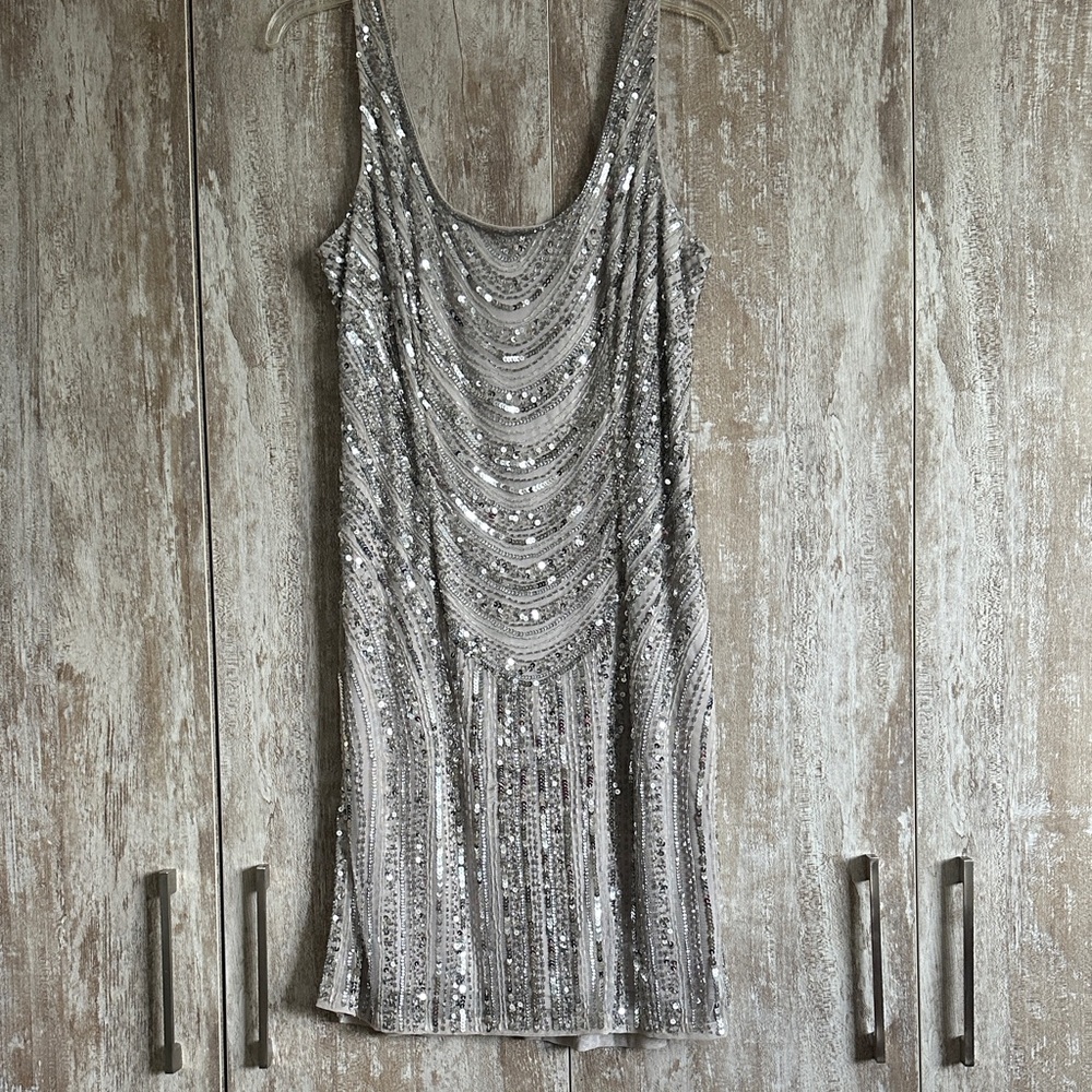 Adrianna Papell Silver Sequin Midi Dress